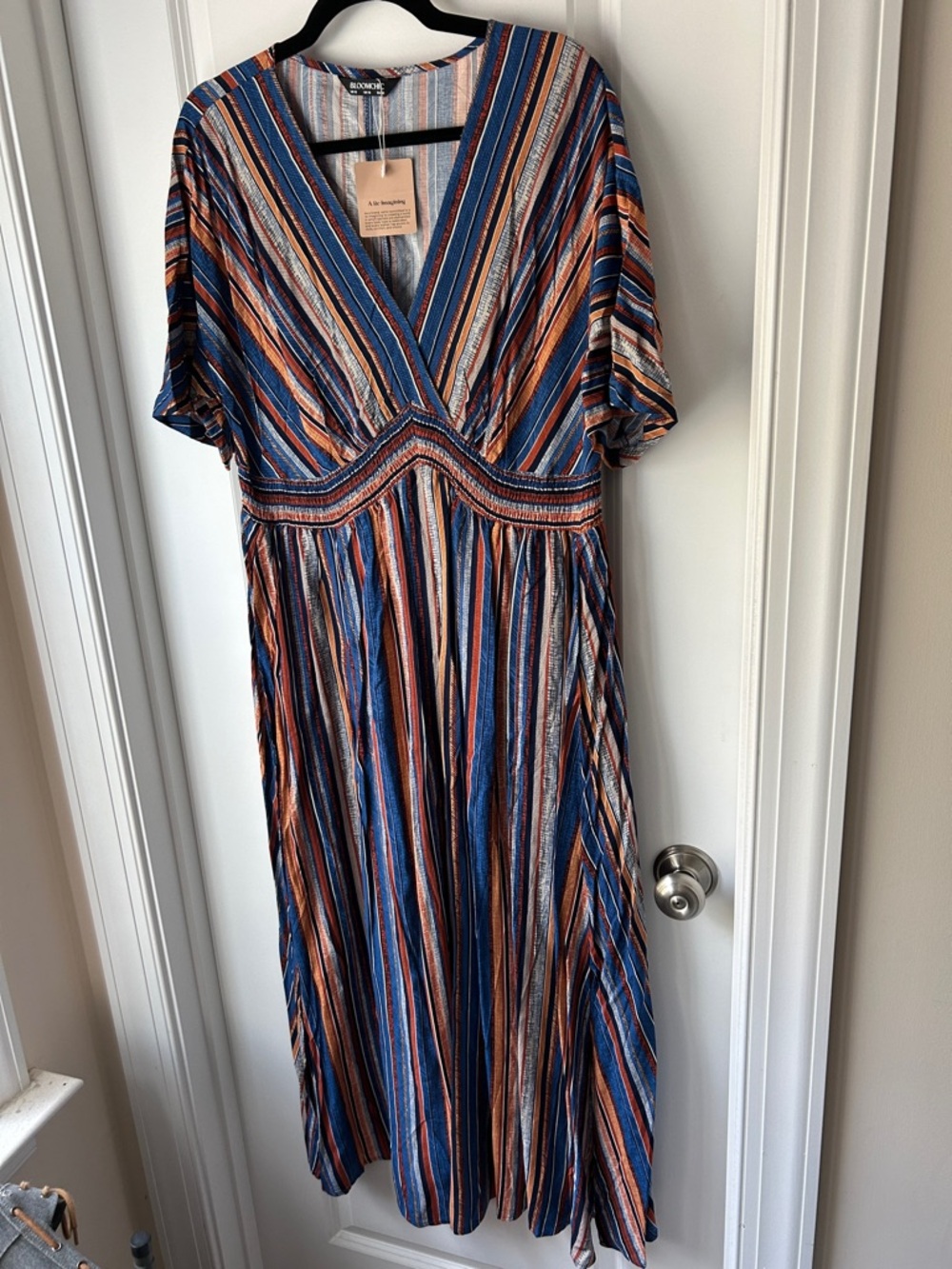 BloomChic Striped V-Neck Maxi Dress in Blue & Orange & Cream